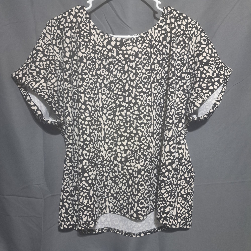 Melloday Women's LARGE Short Sleeve‎ Blouse Black White Back Zipper Corporate